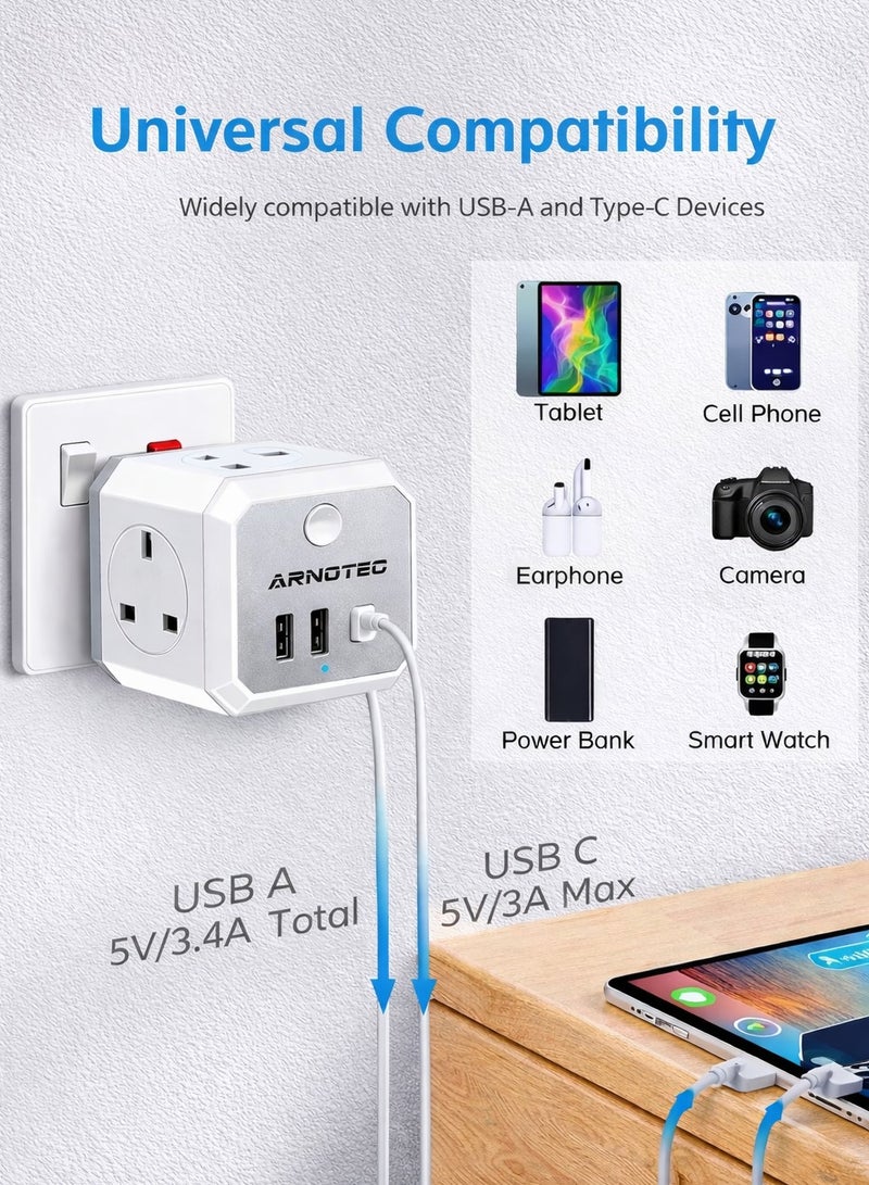 ARNOTEC مكعب توصيل متعدد 7 في 1 مع USB C - 4 مآخذ AC، 2 USB-A، 1 USB-C | 3250 واط منفذ شحن سريع | شحن USB ذكي | مفتاح طاقة وضوء ليلي | محول سفر مدمج للمنزل والمكتب (قابس بريطاني) - Image 4
